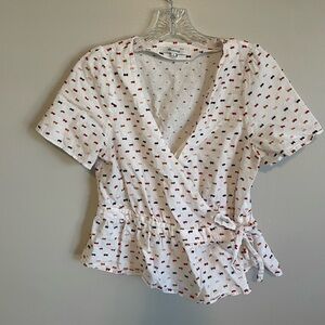 Cotton White Wrap Blouse with Red and Black Bows